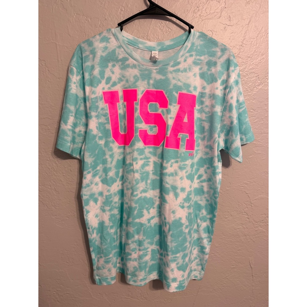 Live and Tell LAT Apparel USA Tie Dye T-Shirt Teal Neon Pink Graphic Tee Medium
